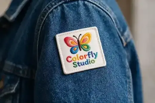 Close-up of custom embroidery patches with printed logo, Colorfly Studio Dubai