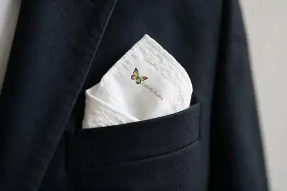 Custom printed pocket handkerchief or square with logo, made at Colorfly Studio in Dubai