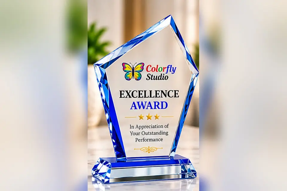 Custom crystal trophies with engraved logo, made at Colorfly Studio in Dubai