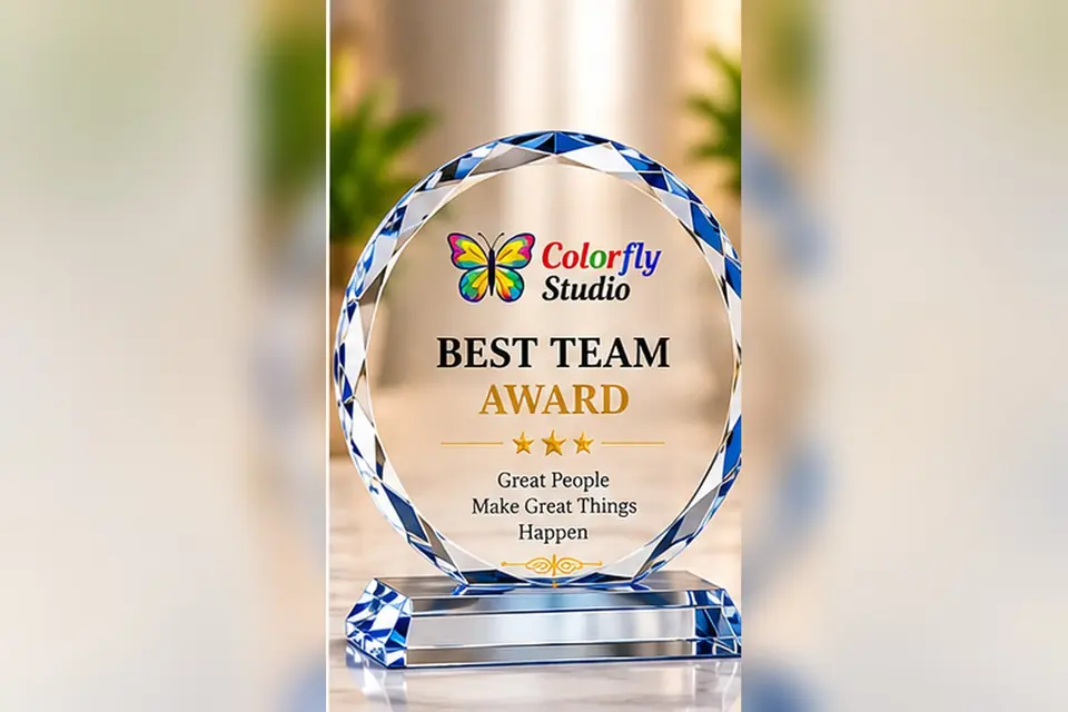 Close-up of custom crystal trophies with logo, Colorfly Studio Dubai