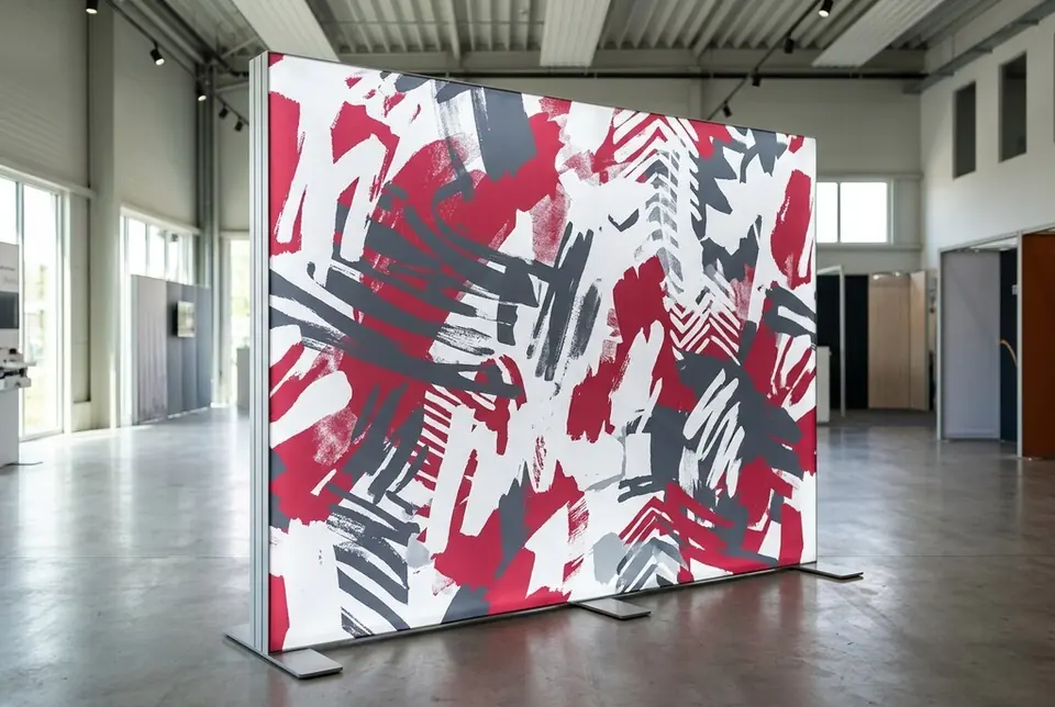 Custom printed fabric light wall display stand, made at Colorfly Studio in Dubai