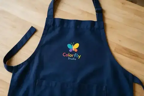 Custom printed aprons with logo, made at Colorfly Studio in Dubai