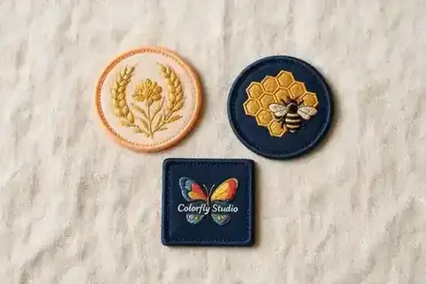 Custom printed embroidery patches with logo, made at Colorfly Studio in Dubai