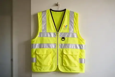 Custom printed safety vests or jackets with logo, made at Colorfly Studio in Dubai