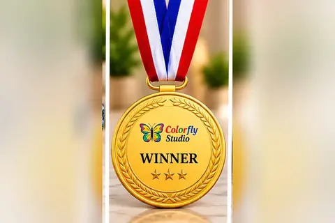 Custom medals with engraved logo, made at Colorfly Studio in Dubai