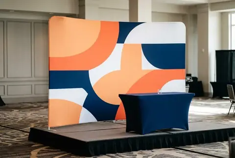 Custom printed curved fabric backdrop, made at Colorfly Studio in Dubai