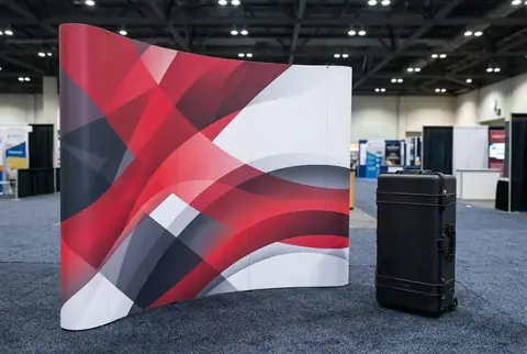 Custom printed curved pop-up display, made at Colorfly Studio in Dubai