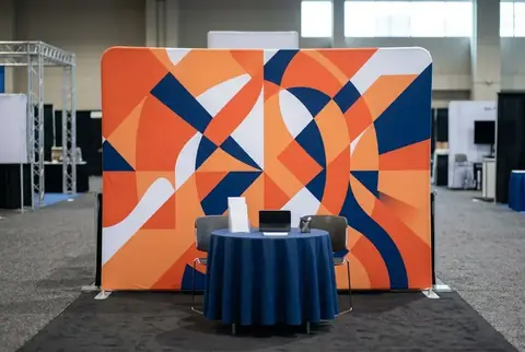 Custom printed straight fabric tension backdrop, made at Colorfly Studio in Dubai