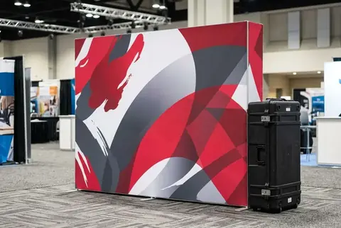 Custom printed straight pop-up display, made at Colorfly Studio in Dubai