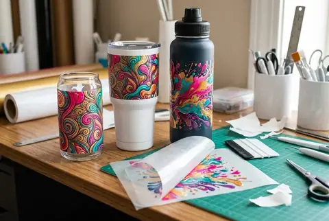 UV DTF wraps applied on cups, glass and bottles in Dubai - Colorfly Studio