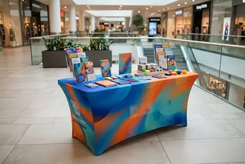Promotion table with printed table cover for mall events in Dubai - Colorfly Studio