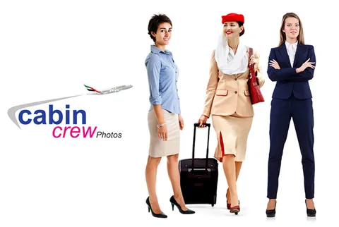 Full body cabin crew photo in uniform on a white background taken in Dubai - Colorfly Studio