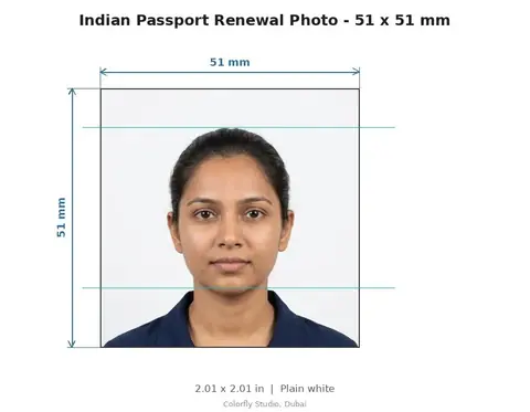 Indian Passport Renewal Photo size guide with dimensions - sample visa photo taken in Dubai - Colorfly Studio