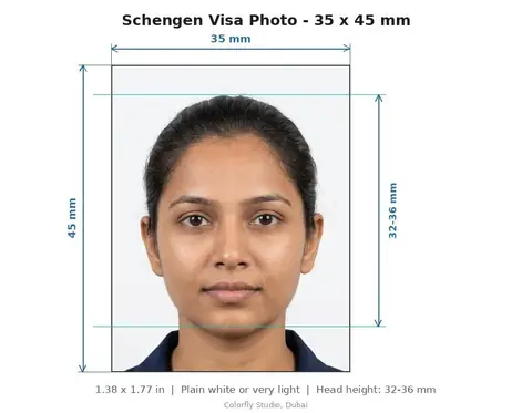 Schengen Visa Photo size guide with dimensions - sample visa photo taken in Dubai - Colorfly Studio