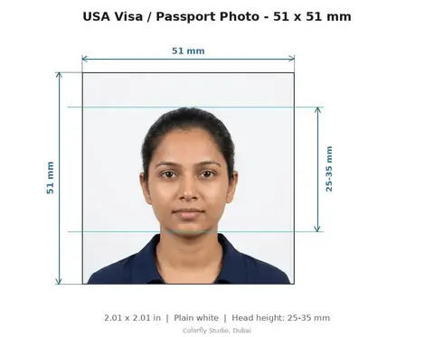USA Visa / Passport Photo size guide with dimensions - sample visa photo taken in Dubai - Colorfly Studio