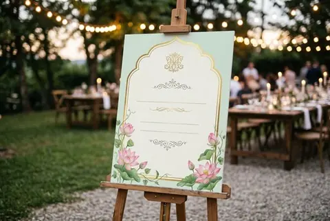 Wedding welcome board with floral design on a wooden easel, printed by Colorfly Studio Dubai