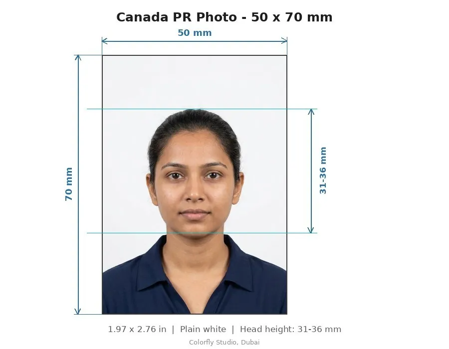 Canada PR Photo size guide with dimensions - sample visa photo taken in Dubai - Colorfly Studio