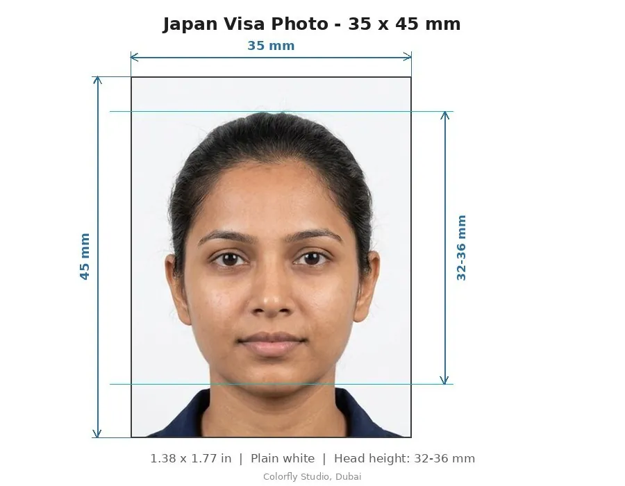 Japan Visa Photo size guide with dimensions - sample visa photo taken in Dubai - Colorfly Studio