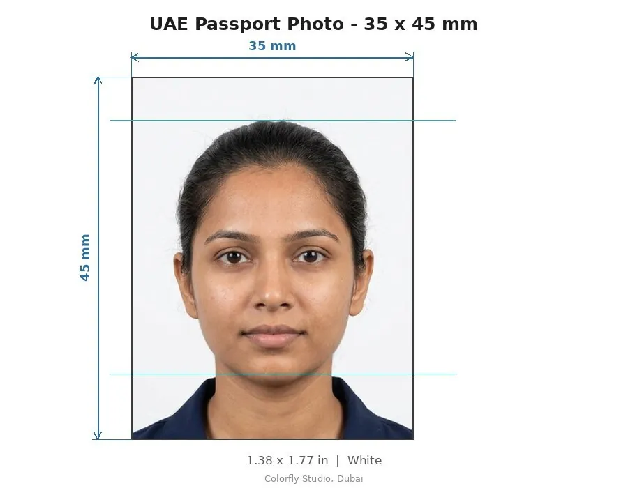 UAE Passport Photo size guide with dimensions - sample visa photo taken in Dubai - Colorfly Studio